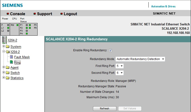 Scalance X204-2 Setup: Ring Page