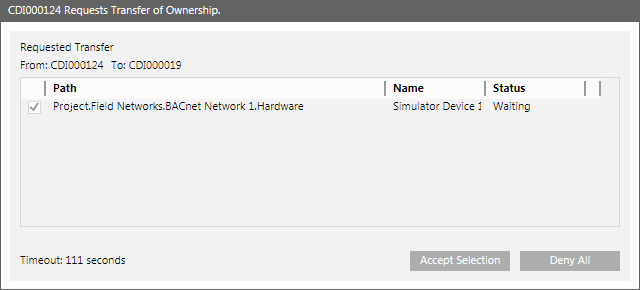 Request Transfer of Ownership Dialog Box